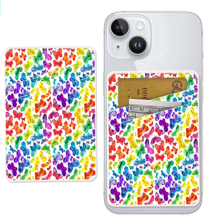AOHRO Dual Pocket Leather Phone Wallet Adhesive Stick On, Cute Credit Card Holder for Case, Compatible with Most Phones - Cute Colorful Butterfly - Image 1